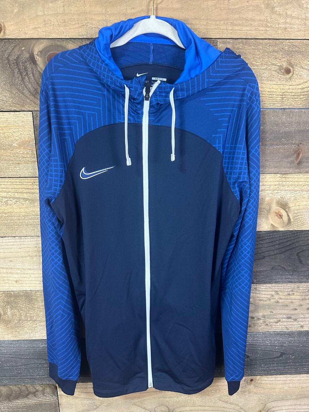 NIKE Men’s Dri-Fit Blue Geo Print Warmup Track Jacket Size L Slim Fit EUC